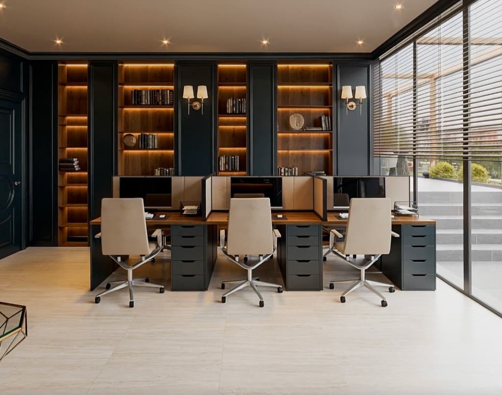 Modern corporate office interior with workstations
