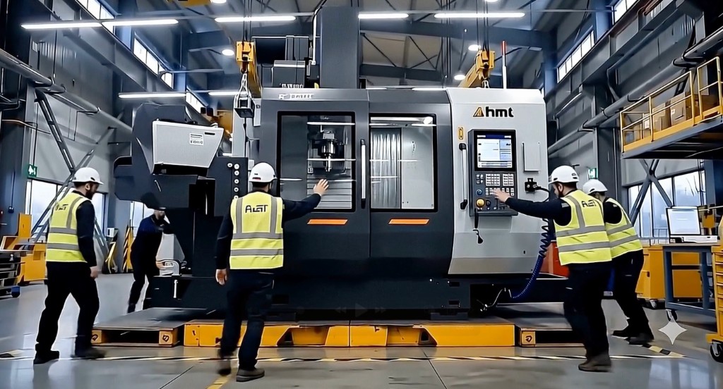 Industrial team positioning a large machine